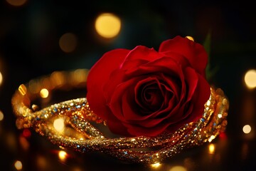 Red Rose Adorned with Golden Glittering Ornament