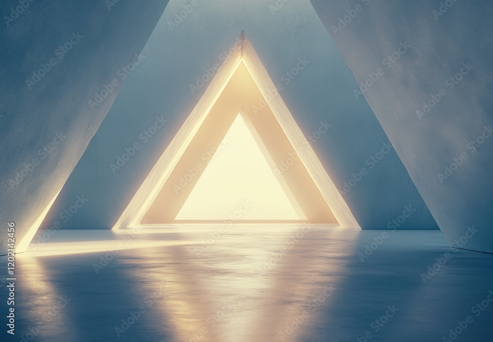 Poster artistic representation of a triangular gateway bathed in soft light, capturing a dreamlike space th