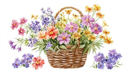 Colorful Wildflower Bouquet in a Woven Basket for Home Decor