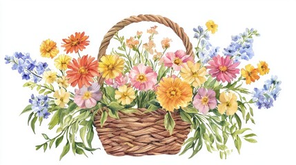 Obraz premium Colorful Floral Basket Arrangement with Varied Blooms and Foliage