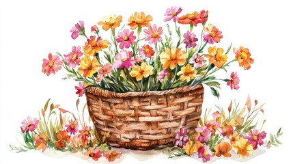 Vibrant Flower Basket with Colorful Blooms in Watercolor Style