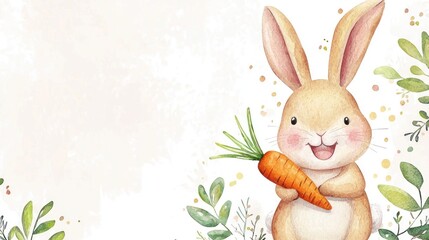 Obraz premium Cute Bunny Holding Carrot Surrounded by Green Leaves and Flowers