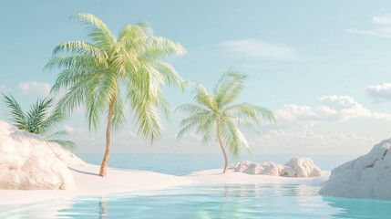 Palm trees growing on idyllic white sand beach paradise