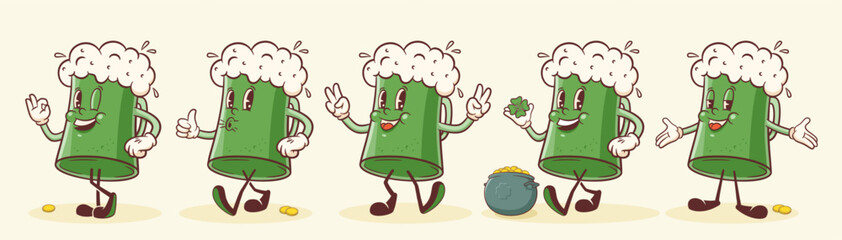 Saint Patrick Day Groovy Beer Tankard with Shamrock Retro Characters Set. Cartoon Green Ale Mug with Clover Trefoil and Gold Coins Pot. Vector Irish Holiday Mascot Template Illustrations. Isolated