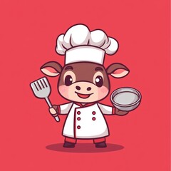 Cute cow chef cooking; red background, food preparation, kitchen illustration, for recipe books