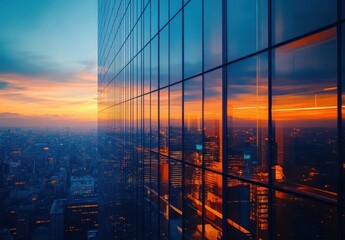 Breathtaking Sunset Reflection on Modern Skyscraper Glass, Capturing Urban Skyline View with Vibrant Colors and Twinkling Lights of the City Below