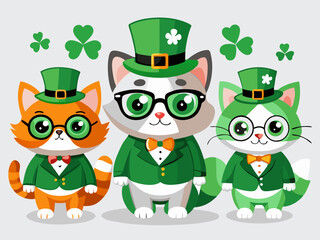 Cute cartoon cats in St. Patrick's Day leprechaun outfits with shamrock decorations

