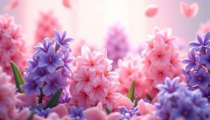 Fototapeta premium Vibrant blossom arrangement of pink and purple flowers with scattered petals and soft lighting 