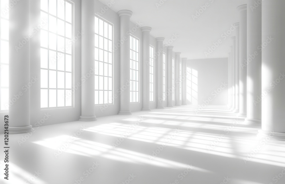 Poster bright and spacious minimalist interior with tall windows and white columns creating a serene and op