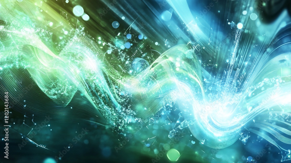 Poster abstract glowing wave patterns with scattered particles in cyan and green tones creating a dynamic v