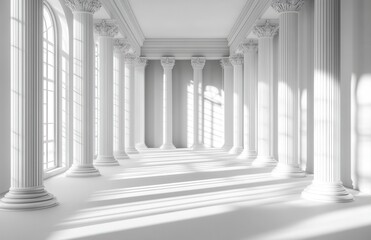 Bright and Spacious Interior of a Classic Elegant Hall with Tall Columns and Natural Light Streaming Through Large Windows in a Minimalist Design