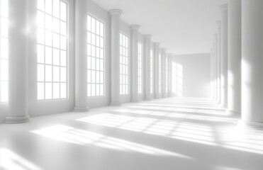 Obraz premium Bright and Spacious Minimalist Interior with Tall Windows and White Columns Creating a Serene and Open Atmosphere Ideal for Architectural and Interior Design Concepts