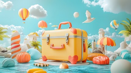 Bright and colorful summer travel imagery capturing the essence of adventure and wanderlust with a floating suitcase and various accessories creating a dynamic and modern composition
