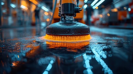 Automated floor scrubber cleaning factory floor with workers in background
