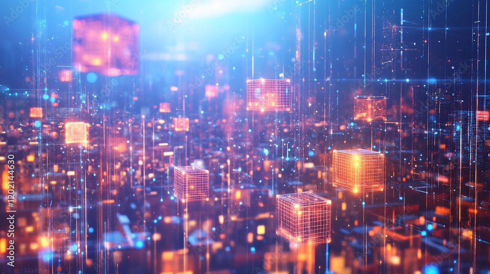 Poster abstract digital landscape with glowing cubes and connecting lines, simulating a futuristic network