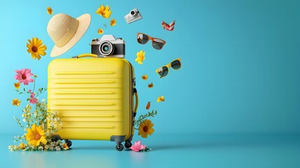 Bright yellow suitcase with summer travel essentials such as sun hat sunglasses and floating around it against a tranquil blue background conveying the excitement and freedom of vacation and