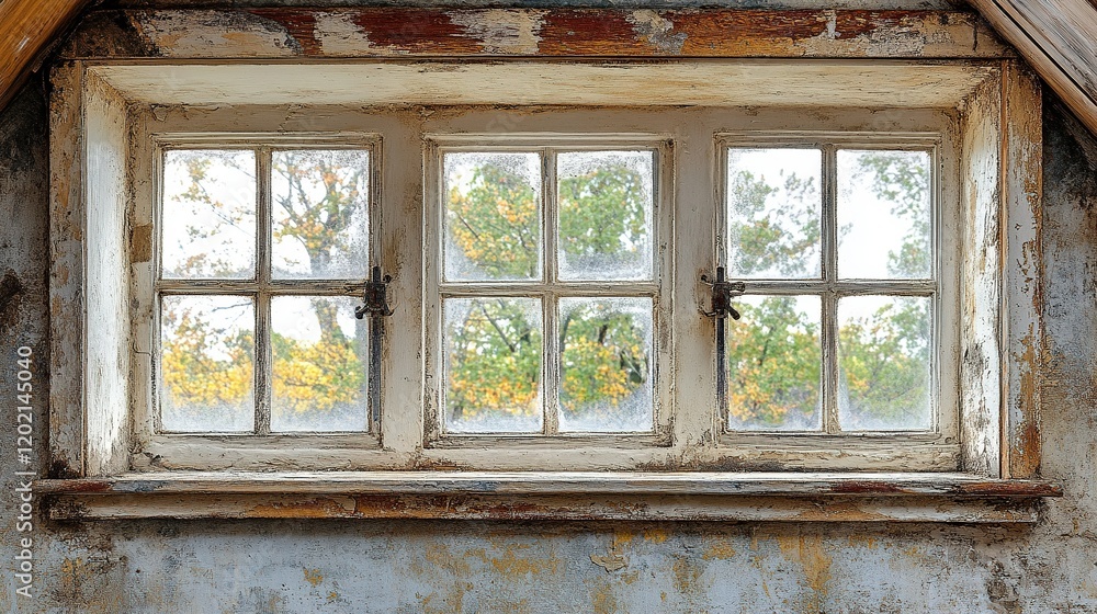 Poster attic window with autumn trees view in weathered frame