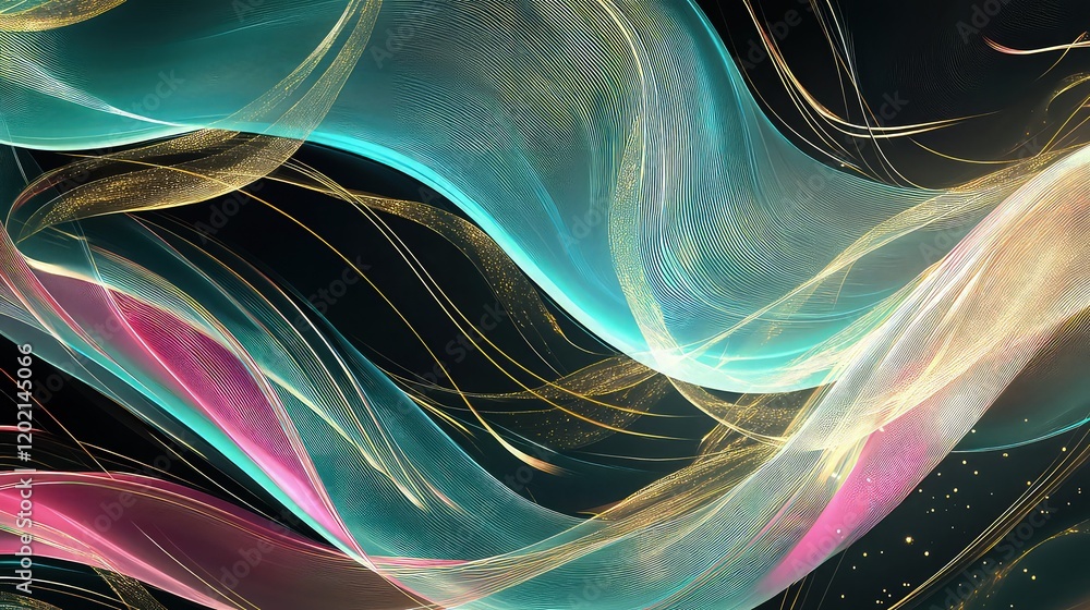 Poster an abstract background that glows softly against a dark background with delicate, flowing light stre