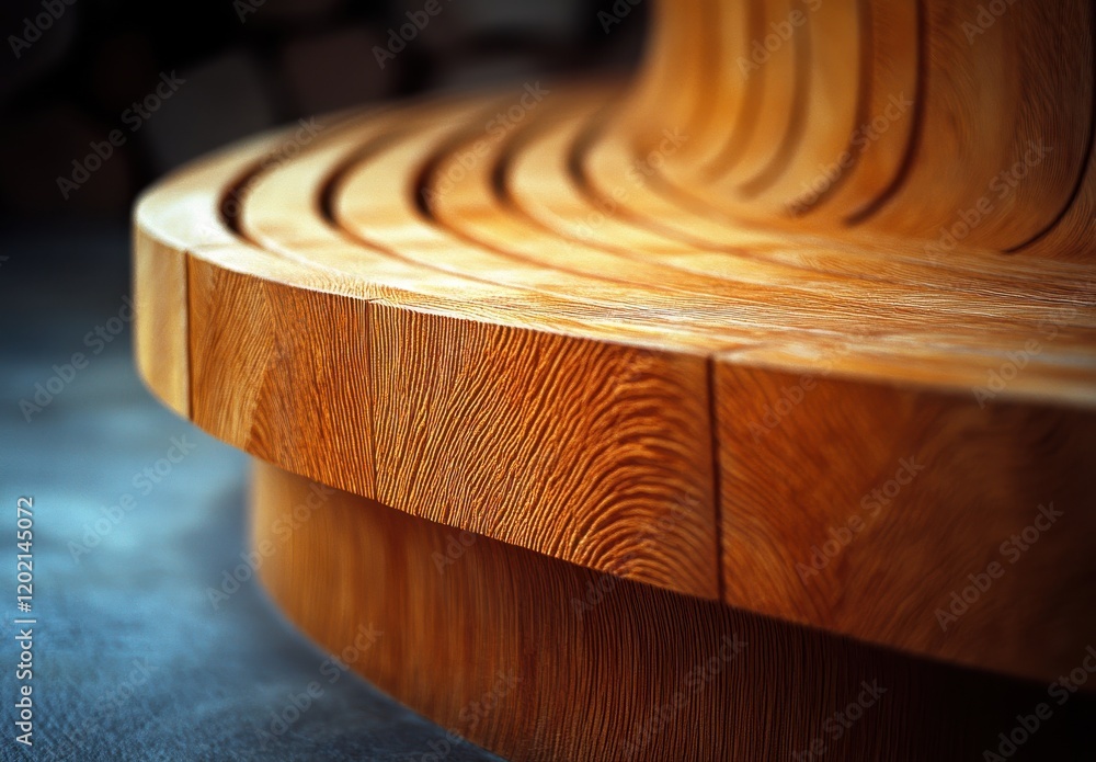 Poster close-up view of a curved wooden bench showcasing the unique grain patterns and smooth finish of nat