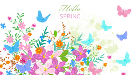 invitation card banner with flowers, leafy twigs and flying butterflies. hello spring
