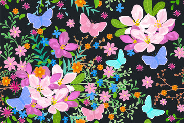 seamless texture with flowers and colorful leafy twigs, butterflies