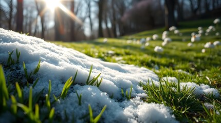 Melting Winter: A picturesque close-up of a snowy patch melting on a lush green lawn, with the sun beaming through the trees in the background,  symbolizing the transition from winter to spring. 