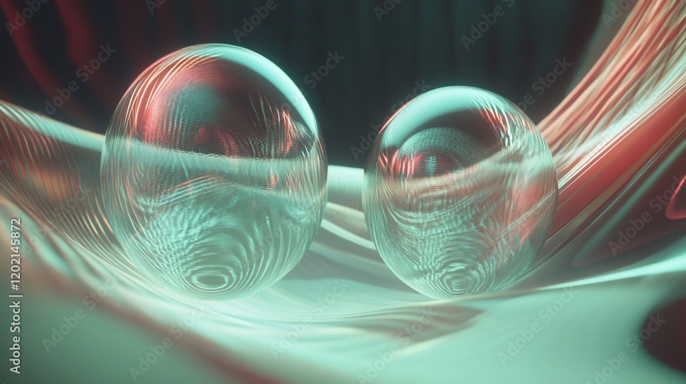 Aufkleber two iridescent spheres resting on a flowing surface with red and cyan light