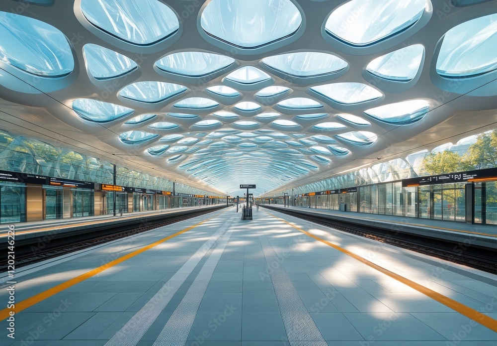 Poster contemporary architectural design of a modern train station with unique ceiling patterns and open sp