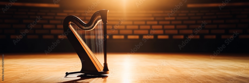Poster classical harp, elegantly positioned on a wooden stage, rests in an empty auditorium, illuminated by