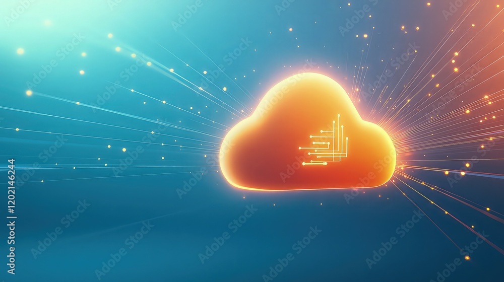 Poster an abstract cloud computing illustration with a glowing cloud icon floating over a gradient blue bac