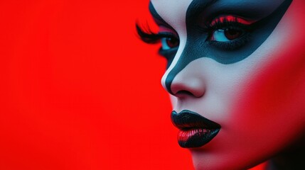 Fototapeta premium Drag Performers Preparing Backstage with Dramatic Makeup in High-Contrast Vibrant Lighting Photography