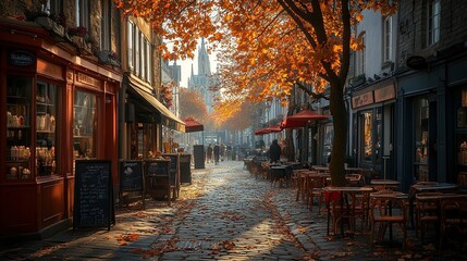 Fototapeta premium Autumn street cafe in Europe, morning light, church background, tourism/dining