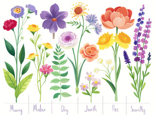 Colorful floral watercolor illustration with vintage botanical print style