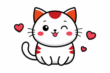 Cute cartoon kitten with a red heart in kawaii chibi style
