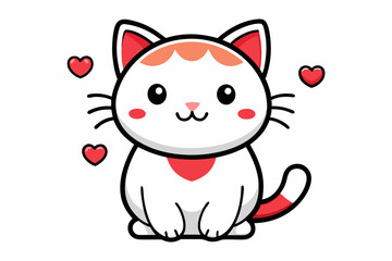 Cute cartoon kitten with a red heart in kawaii chibi style