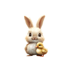Obraz premium An illustration of a little white bunny posing with a yellow ducking, PNG format with a transparent background