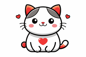 Fototapeta premium Cute cartoon kitten with a red heart in kawaii chibi style