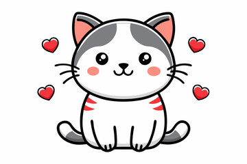 Cute cartoon kitten with a red heart in kawaii chibi style