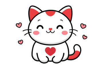 Cute cartoon kitten with a red heart in kawaii chibi style
