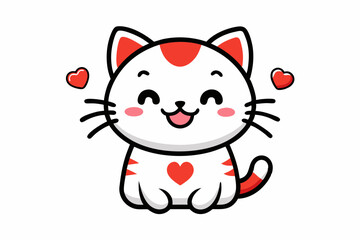 Cute cartoon kitten with a red heart in kawaii chibi style