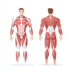 Educational diagram of human muscle anatomy, front and back views isolated on white background