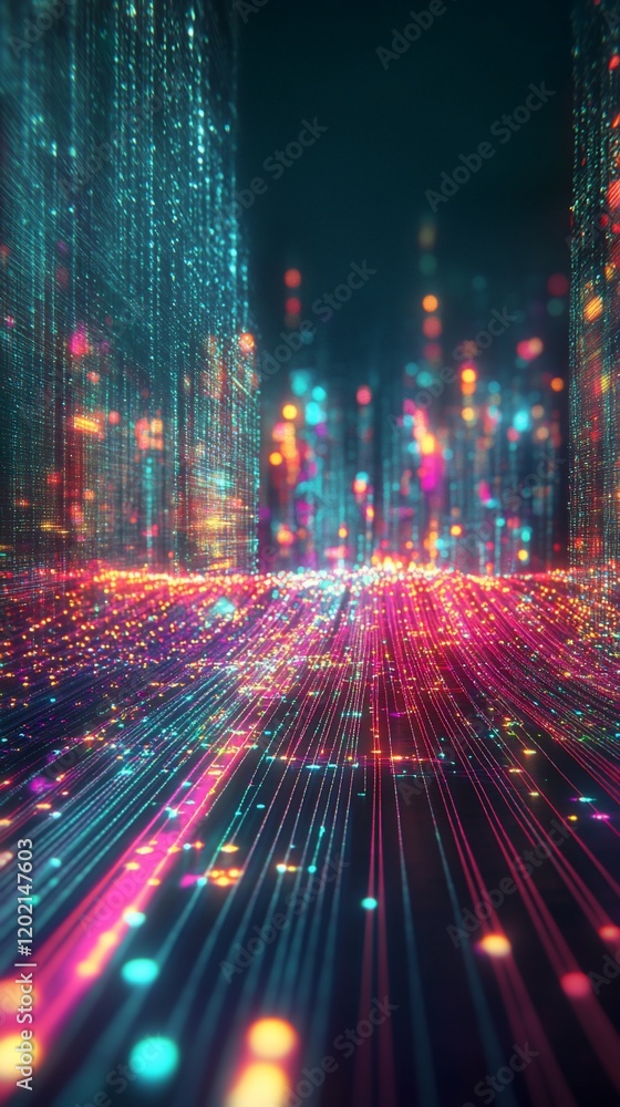 Poster abstract digital network with colorful neon lines and bokeh lights in the deep space