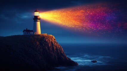 Radiant lighthouse emits beams of ideas, illuminating a serene ocean. A surreal representation of enlightenment