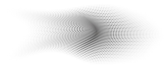 Flowing Wave Dot Halftone Pattern: Curve Gradient Shape on Transparent Background. Suitable for AI, Tech, Network, Digital, Science, and Technology Themes.
