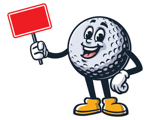 Golf Ball with blank sign board,   Cartoon Character Mascot Illustration Vector Clip-art Hand-drawn Logo Design