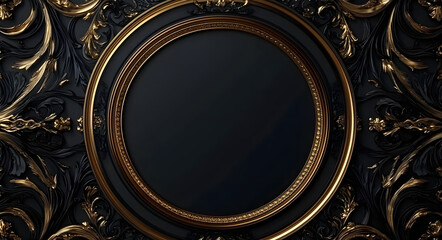 Photorealistic vintage elegant luxury black and gold abstract frame background with copy space for text or logo. Generative AI