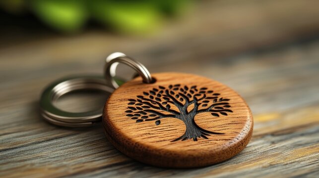 Wooden Keychain with Engraved Tree Design on Wooden Surface