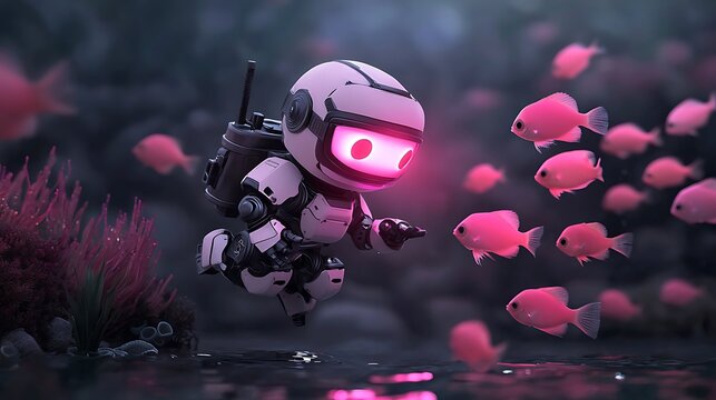 A futuristic robot exploring an underwater scene filled with glowing pink fish and vibrant coral