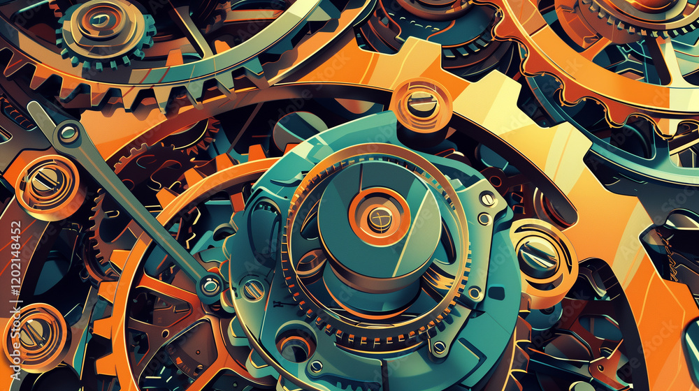 Poster a cel-shaded clockwork mechanism with vibrant colors and sharp lines.