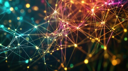 Fototapeta premium Abstract network grid illuminated with vibrant bokeh lights forming a complex digital connection.
